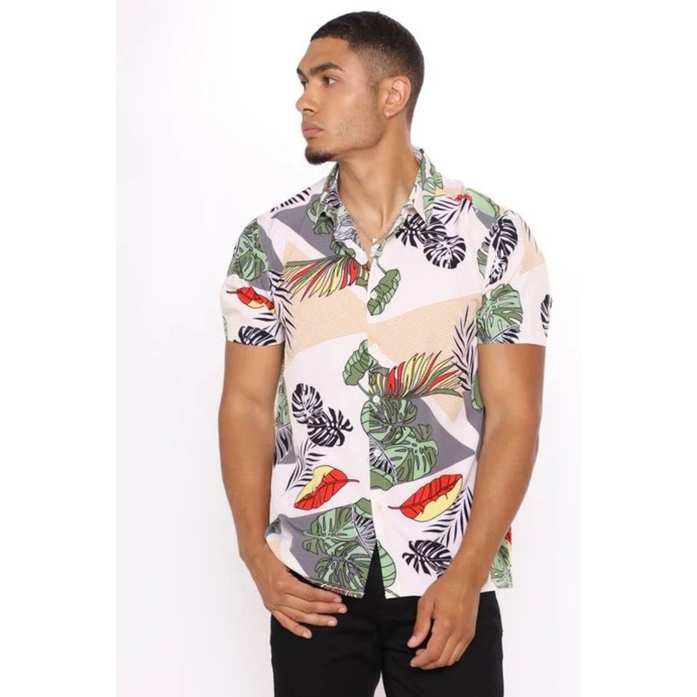 Good Vibes Tropical Leaf Button Down‎ Shirt Men's Small Stretch Casual